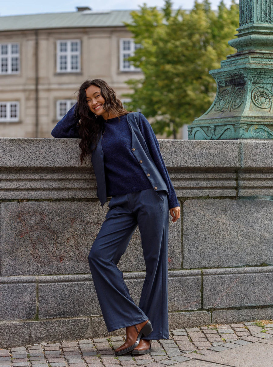 Black Colour Park Striped Pinstripe Trousers Navy