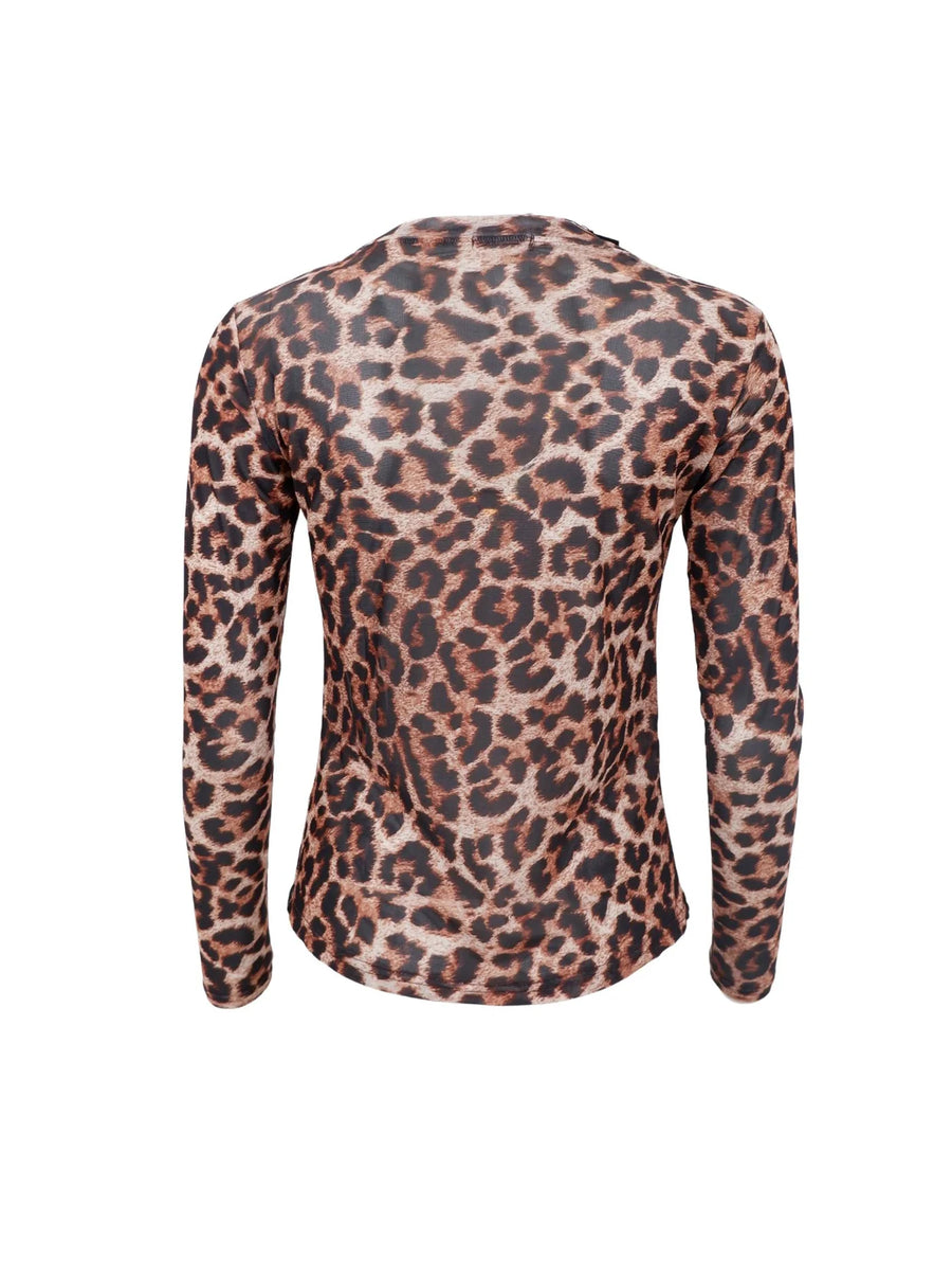 Black Colour Annie Mesh Long Sleeve Top Blouse Leopard Print