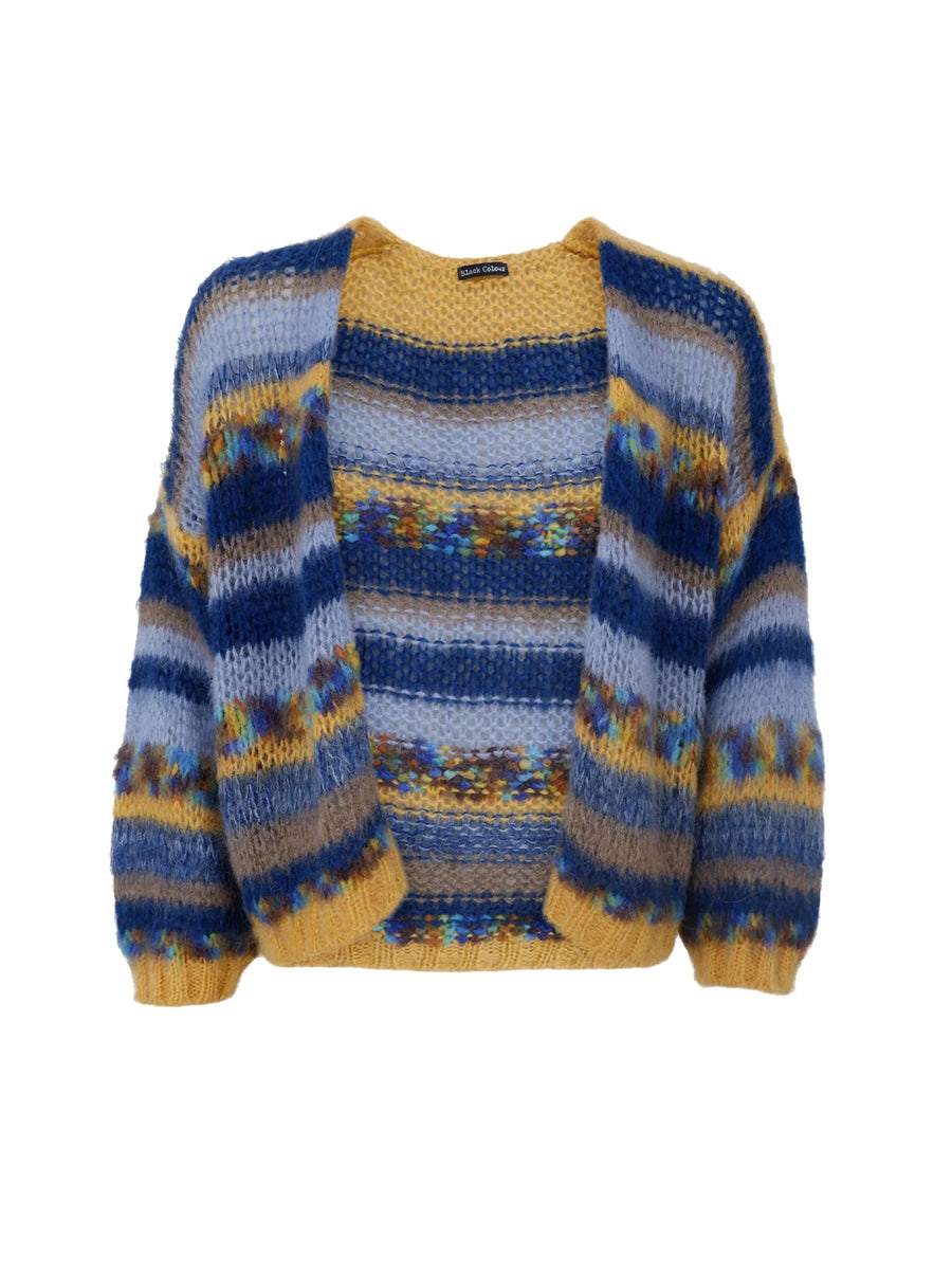 Black Colour Stripe Cardigan Wool Blend One Size