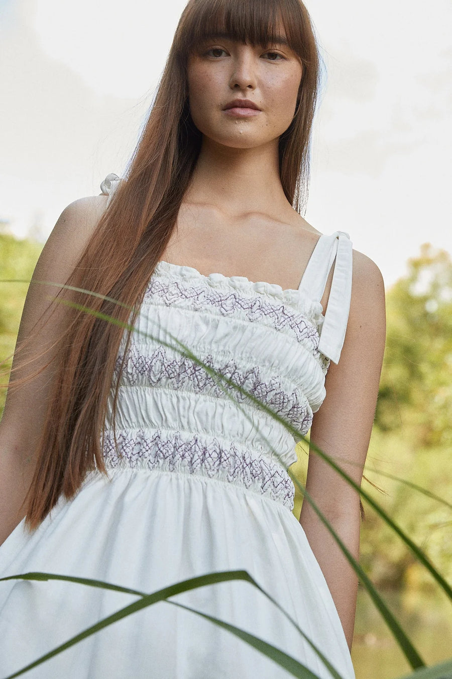 Seventy & Mochi Sally Tie Bandeau Dress Maxi White Denim Lilac Stitching
