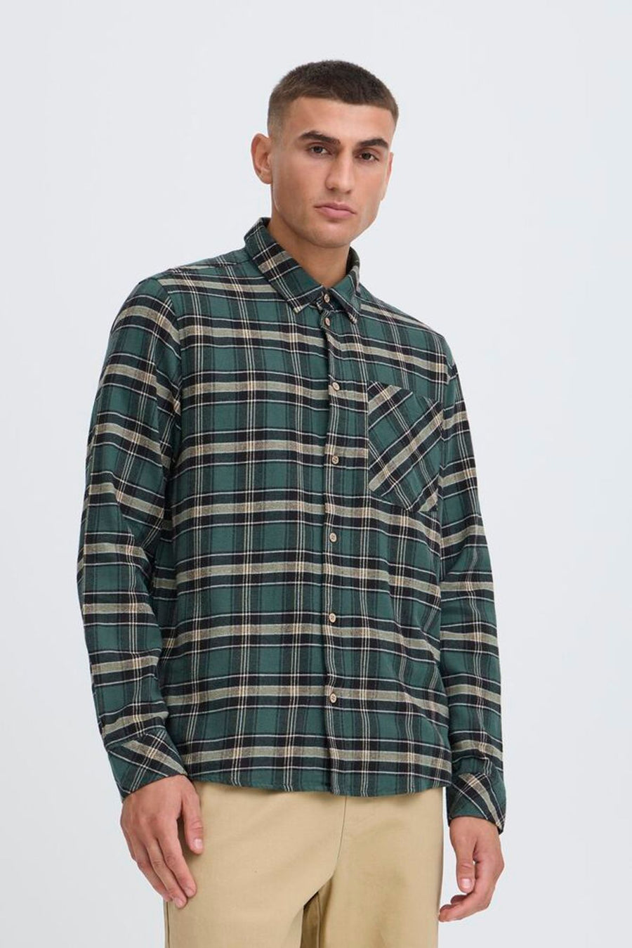 Solid Steve Brushed Cotton  Shirt Green Check