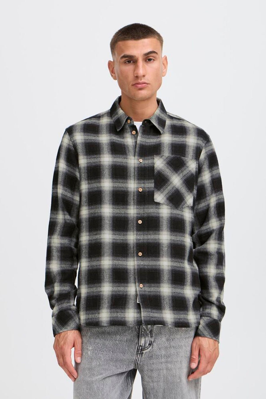Solid Rye Brushed Cotton  Shirt Black White Check
