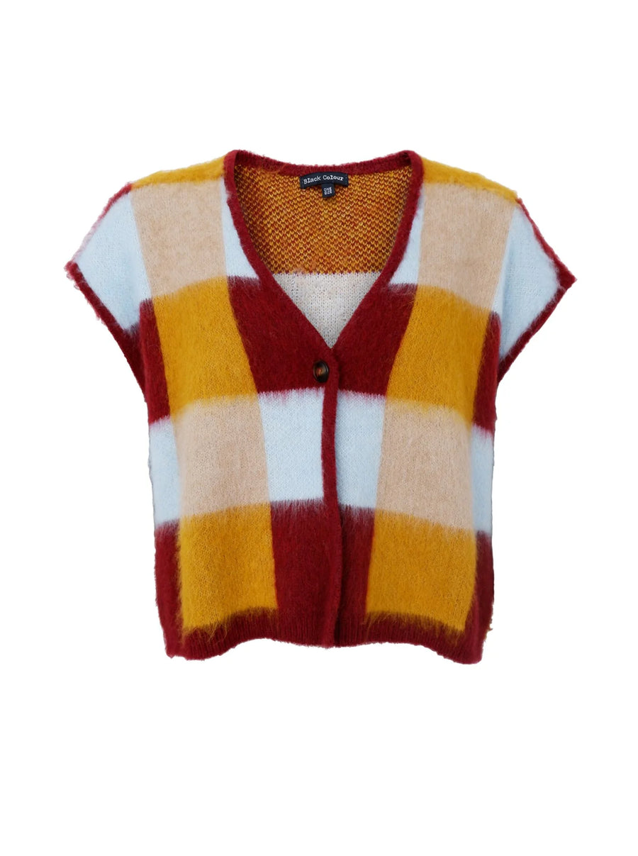 Black Colour Chess Check Sleeveless Cardigan Knit One Size