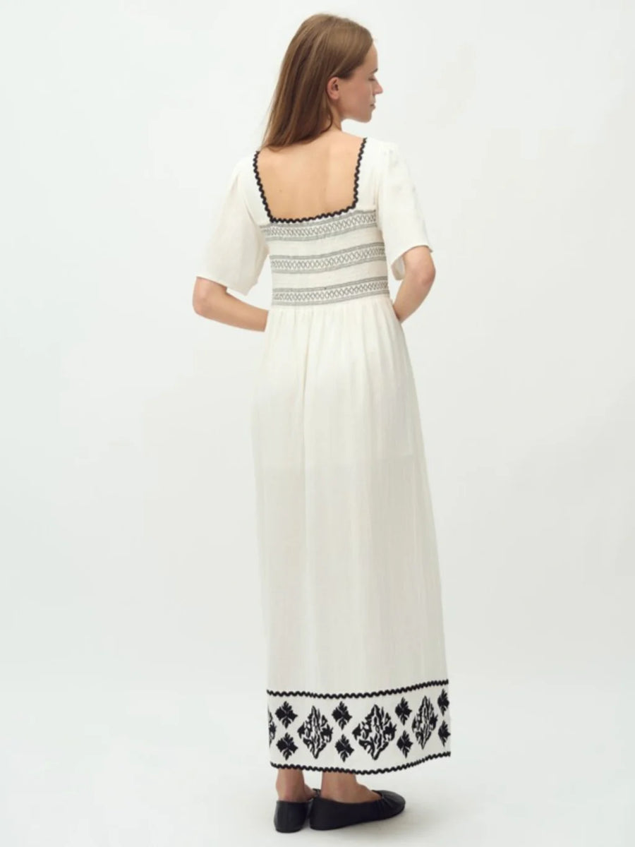 MbyM Sophi Cotton Maxi Dress Smocked Bodice Ecru Black Appliqué