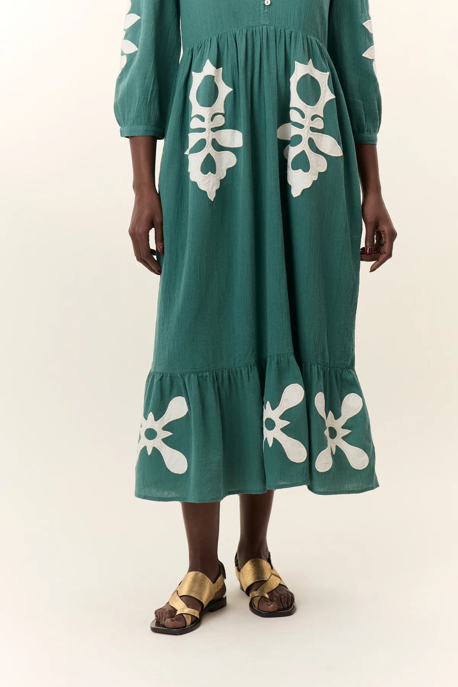Leon & Harper Roza Paros Dress Green Cotton White Applique