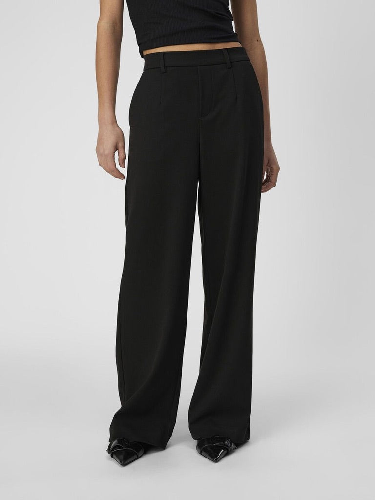 Object Lisa Wide Leg Trousers Black recycled Polyester Elasticated Waist