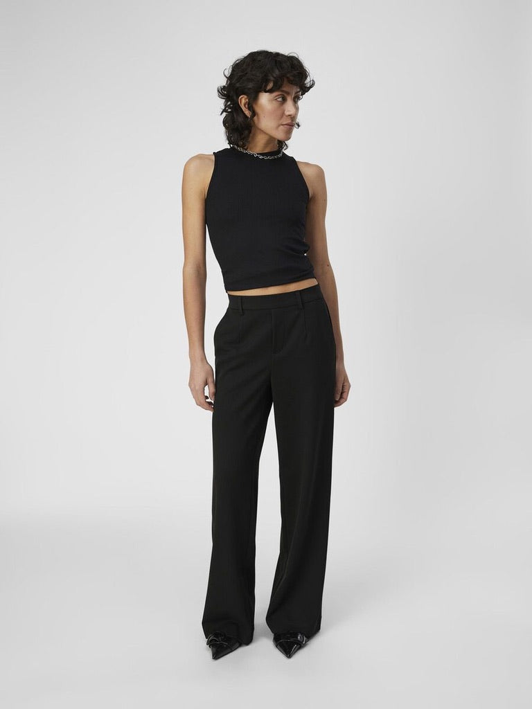 Object Lisa Wide Leg Trousers Black recycled Polyester Elasticated Waist