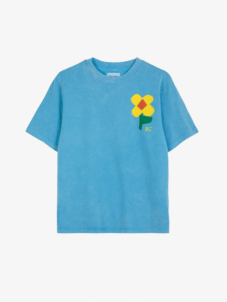 Bobo Choses Retro Flower T-Shirt Blue Washed Organic Cotton GOTS