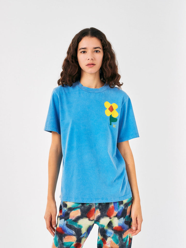 Bobo Choses Retro Flower T-Shirt Blue Washed Organic Cotton GOTS