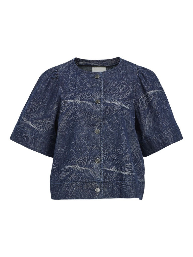 Object Xonja Printed Denim Shirt Blouse Top