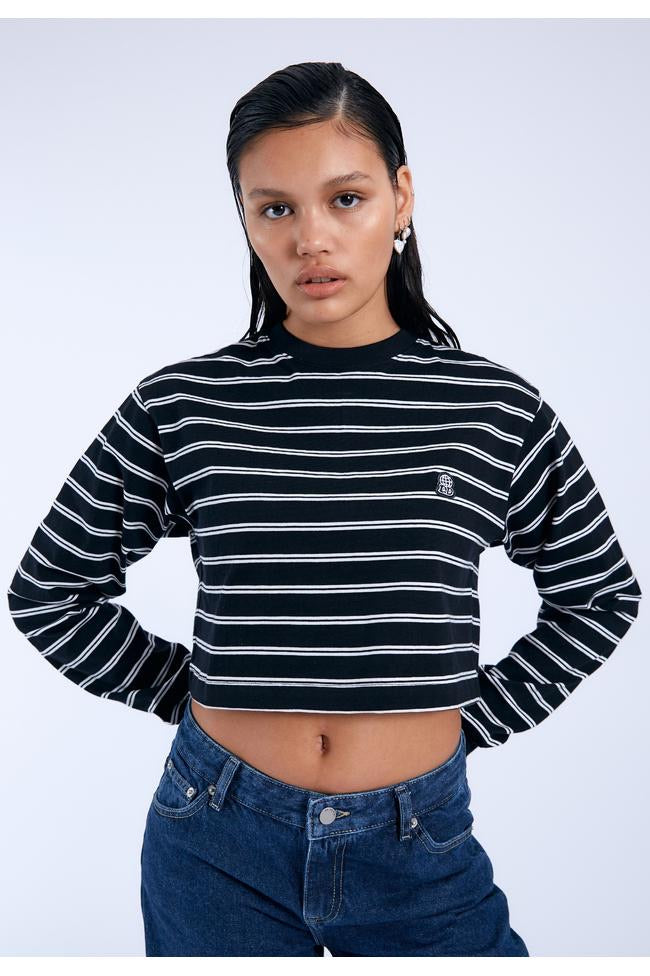 Dr Denim Rory Long Sleeve Crop Top T-Shirt Stripe