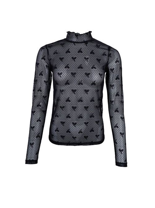 Black Colour Bowie Mesh Blouse Black With Bows Print