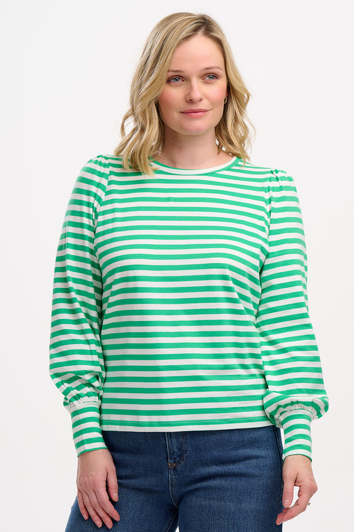 Sugarhill Brighton Griselda Green White Stripe Long Sleeve Top Blouse T-Shirt