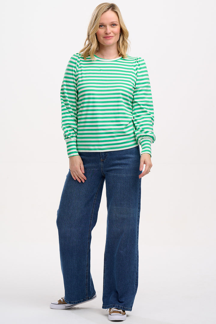 Sugarhill Brighton Griselda Green White Stripe Long Sleeve Top Blouse T-Shirt