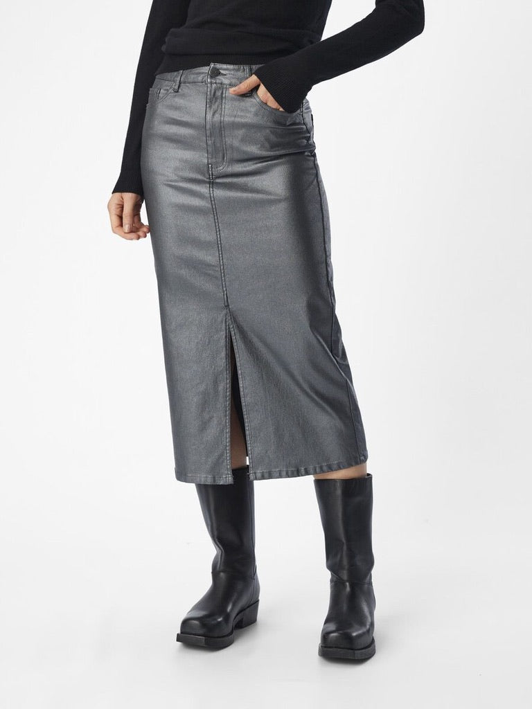 Object Naya Coated Midi Skirt Leather Look Black