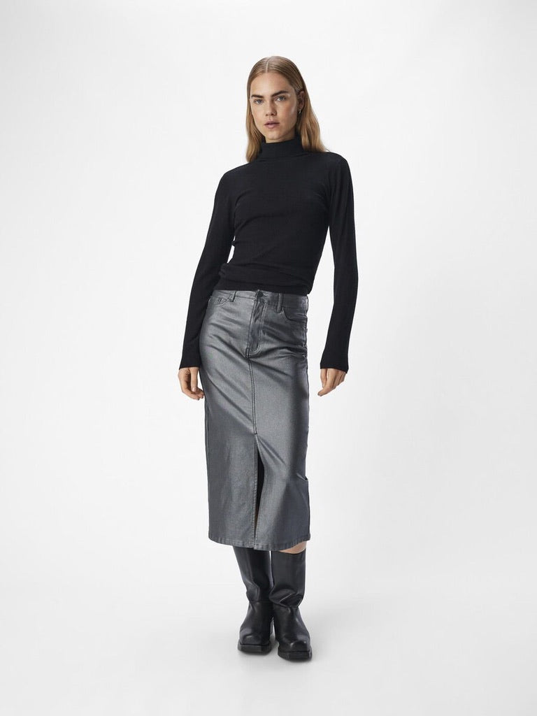 Object Naya Coated Midi Skirt Leather Look Black