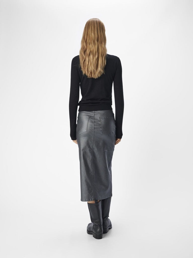 Object Naya Coated Midi Skirt Leather Look Black