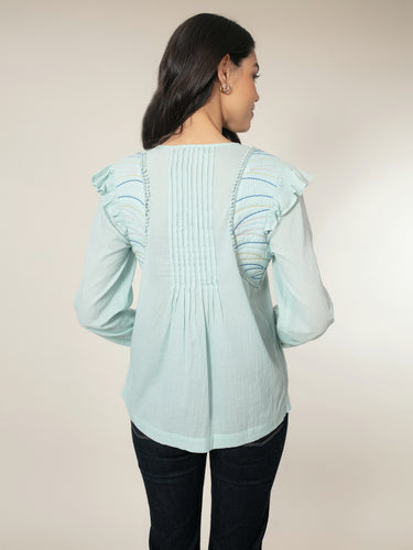 Nooki Arlington Blouse Duck Egg Blue Cotton Embroidered