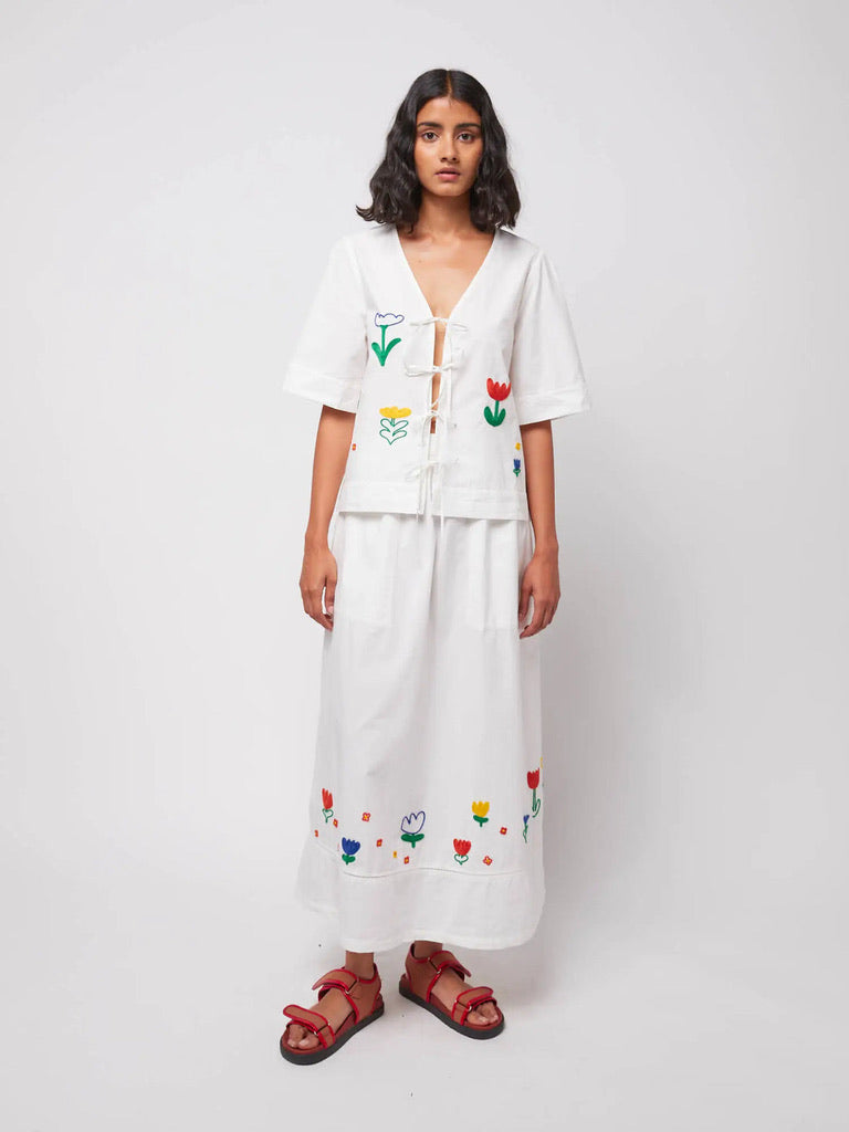 Bobo Choses Embroidered cotton Poplin Midi Skirt White Organic