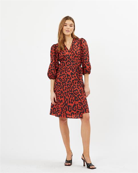Minimum Lenelia Short Dress Puff Sleeves Red Animal Print